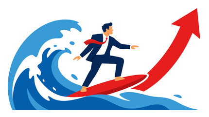 Fototapeta premium Expert businessman surfs giant ocean wave with soaring red upward arrow, bold flat colorful illustration, modern metaphor for business growth, financial success, and entrepreneurial opportunity
