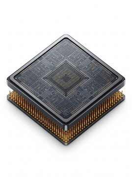 Advanced microprocessor central processing unit component featuring intricate circuitry and gold connector pins isolated white background