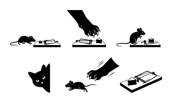 70 Cat and Mouse Game: Predatory Pursuit, Hunting Danger, Pest Control, and Escape Scenarios, Vector Icons Set 100