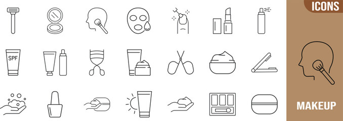 Fototapeta premium Beauty cosmetic personal care vector. lipstick icon set, makeup brush icon set, sunscreen icon set