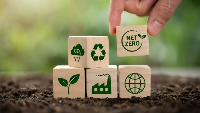 Hand placing wooden cube with net zero icon on top of other cubes with eco symbols, symbolizing carbon neutral goal, sustainability, and environmental responsibility.