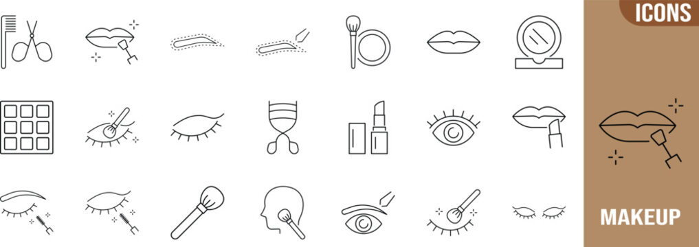 Beauty makeup outline vector icons. lipstick icon set, makeup brush icon set, eyelash curler icon set