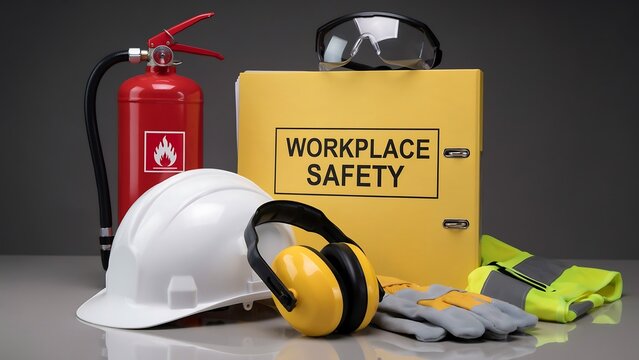 Yellow Fire Extinguisher with Safety Helmet and Protective Construction Equipment Isolated on White Background Industrial Workplace Safety Concept