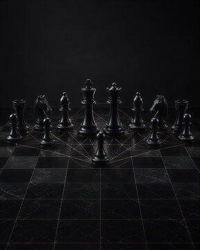 Black chess pieces on connected chess board representing business strategy and leadership