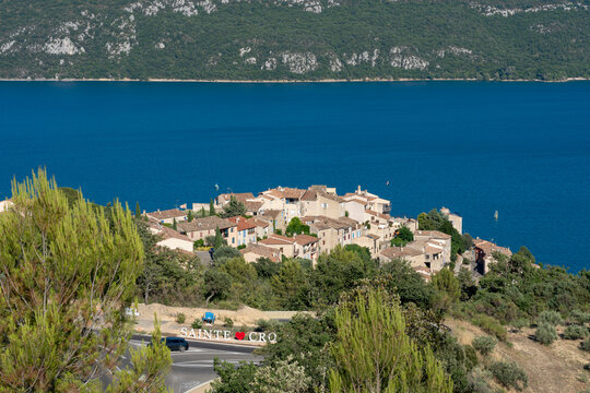 Sainte-Croix-du-Verdon, France - 07 05 2026: Panoramic view of Sainte-Croix-du-Verdon village, the Lake Sainte-Croix , hills and forest behind