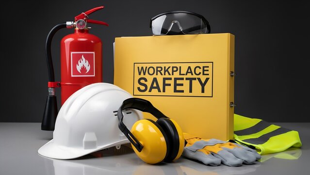 Yellow Fire Extinguisher with Safety Helmet and Protective Construction Equipment Isolated on White Background Industrial Workplace Safety Concept