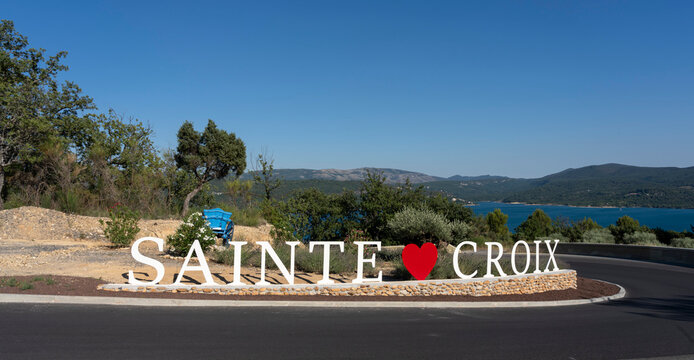 Sainte-Croix-du-Verdon, France - 07 05 2026: Panoramic view of Sainte-Croix-du-Verdon village, the Lake Sainte-Croix , hills and forest behind