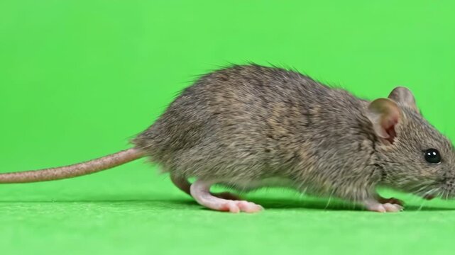 Small gray house mouse sniffing and scurrying across a bright green screen background for compositing