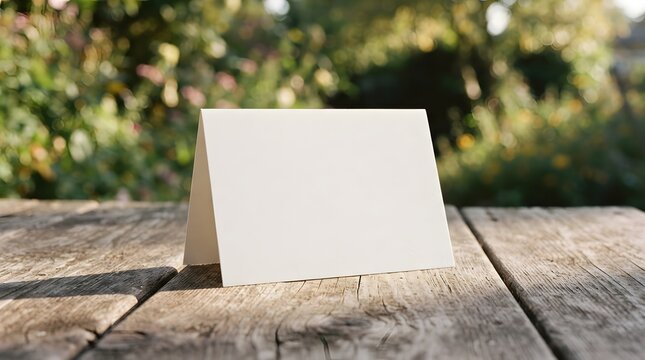 Blank white folded tent card mockup standing on a rustic wooden table with a blurred garden background