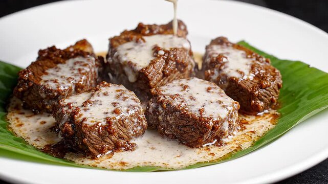 Delicious Beef Rendang being drizzled with creamy sauce on banana leaf.
