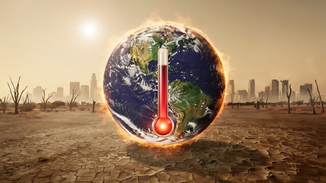 Earth globe with thermometer heating up representing global climate change impact with arid landscape background and drying cracked ground showing environmental crisis rising temperatures.