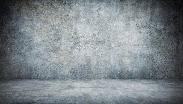 Industrial grunge background featuring a rough concrete wall and floor with weathered cement texture for interior design