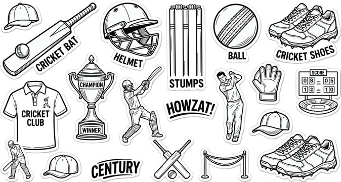 Vintage Cricket Equipment and Match Icons Sticker Set Featuring Hand Drawn Line Art of a Bat Helmet Stumps Ball Shoes Trophy and Player Characters with Typographic Labels