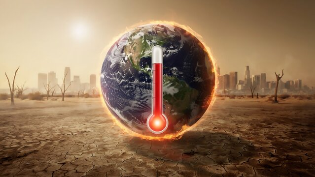 Earth globe with thermometer heating up representing global climate change impact with arid landscape background and drying cracked ground showing environmental crisis rising temperatures.
