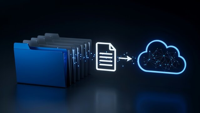 Data migration to cloud storage concept with blue digital folders document icon and glowing server network visualization in dark studio space representing modern enterprise backup.