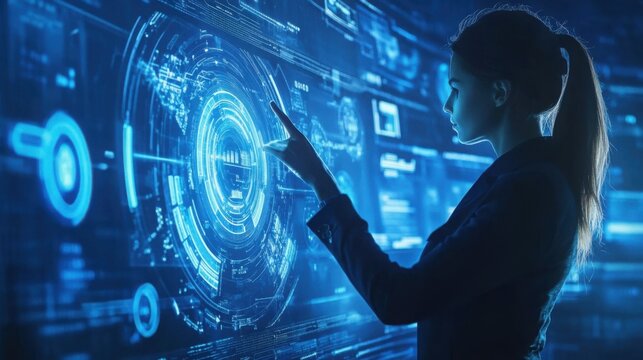 Professional technician monitors a large luminous holographic screen featuring a central rotating ring and intricate data visualizations in a futuristic workspace.