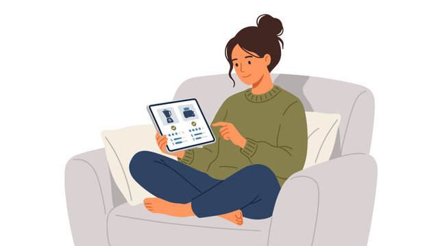 Mulher sentada em poltrona usando tablet para comparar produtos de cozinha com avalia&ccedil;&otilde;es