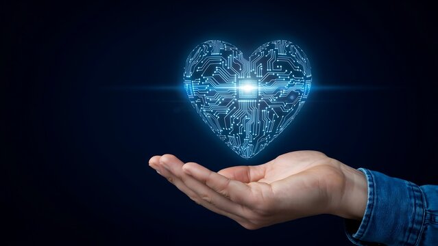 Heart shaped electronic circuit board glowing in human hand representing medical technology innovations artificial intelligence health monitoring and cybernetic healthcare solutions.