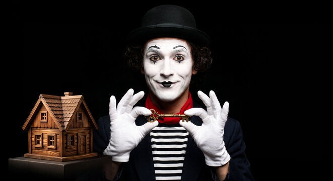 Smiling male mime artist in classic costume holding a golden key next to a miniature wooden house model against a black background