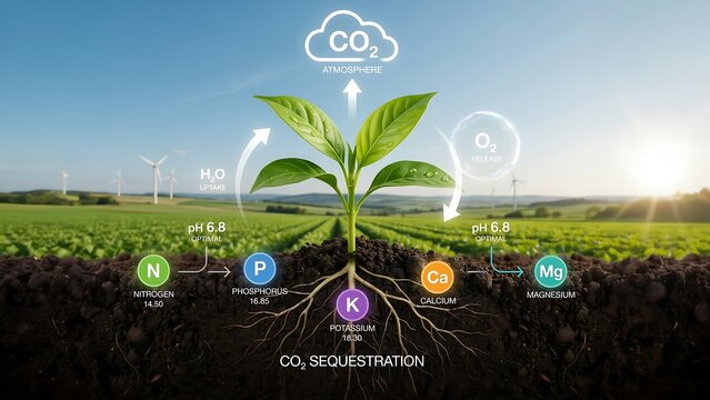 Sustainable agriculture and carbon sequestration diagram showing plant photosynthesis nutrient cycle with nitrogen phosphorus potassium indicators for soil health and environment.