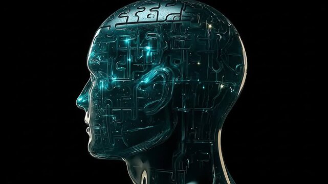 Translucent teal glass human head in profile, assembled from puzzles. Polished finish and luminous pathways suggest a futuristic synthetic mind