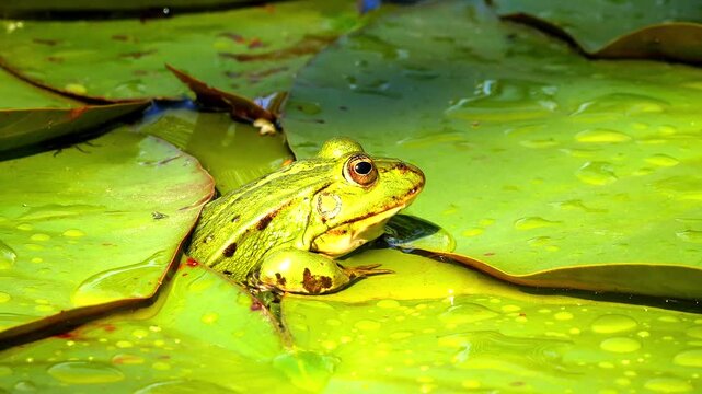 green water frog between water lily leaves 492
