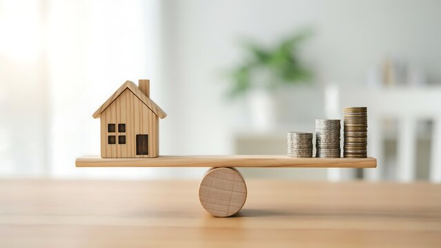 Wooden house model balancing with stacks of coins on seesaw tabletop representing concept of real estate investment wealth growth financial planning mortgage savings property market.