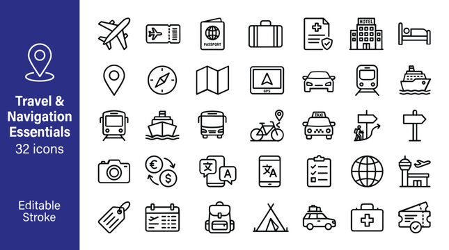 Travel and navigation essentials icon set, 32 line icons for tourism and vacation planning, editable stroke vector graphics