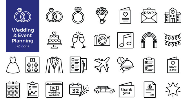 Wedding and event planning line icons, set of 32 marriage ceremony vector symbols, bridal party and celebration organization outline graphics