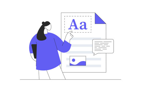 Digital Copywriting and Document Text Typing Optimization. Female Editor Pointing at Typography Page Layout and Comment Bubble. Flat Cartoon Vector Illustration, icon Stylish abstract design landing 