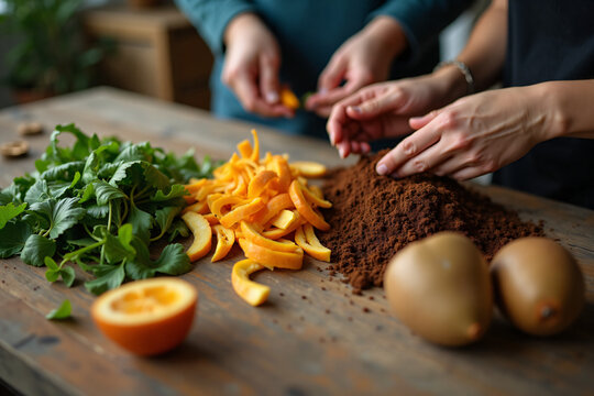 Close up of hands preparing natural ingredients including orange peel, fresh green herbs, ground coffee, and whole fruits on rustic wooden table for cooking