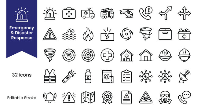 Emergency and disaster response icons, 32 line style symbols for rescue and safety, editable stroke eps vector set for crisis management