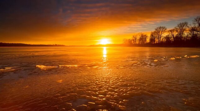 Stunning winter sunset over a frozen lake with golden light reflecting on the ice and trees in the background 4k video