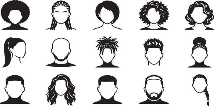 Diverse human hairstyle and face icon set, collection of male and female avatars with various hair textures in black and white vector illustration.