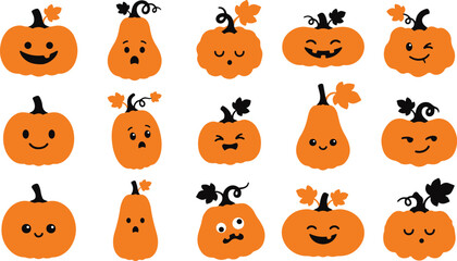 Naklejka premium Cute Halloween pumpkin faces vector set, friendly jack o lantern illustrations