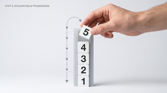 Minimalist business sequencing concept with hand placing number five on a stack, numerical progression and growth strategy, step by step process