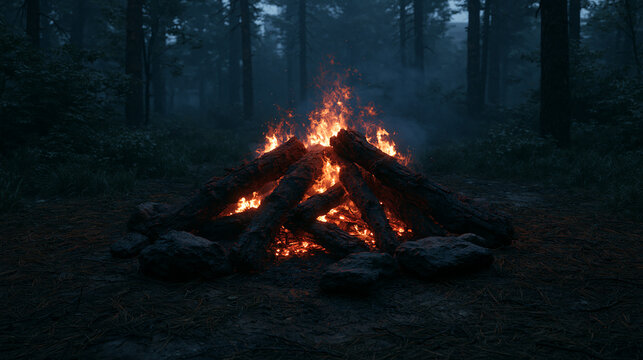 A vibrant campfire burns brightly in a dark, mysterious forest at night. Perfect for camping, adventure, and outdoor recreation concepts.