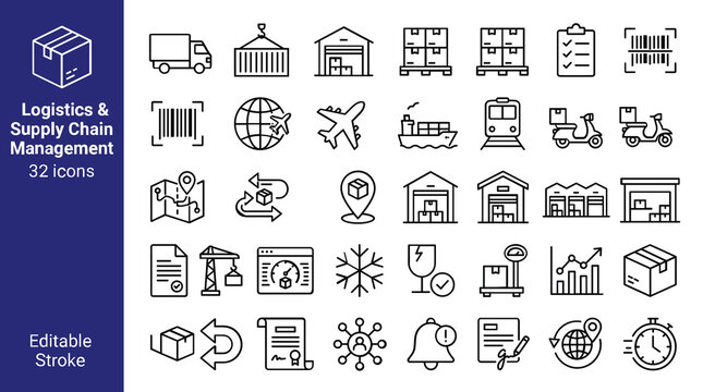 Logistics and supply chain management icons, 32 line vector elements for shipping and delivery, editable stroke global distribution symbols