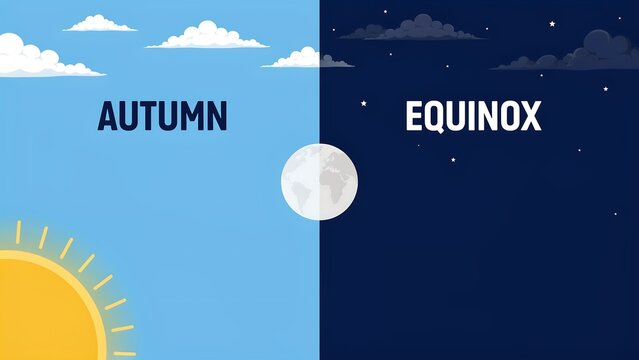 Educational illustration showing the autumn equinox with day and night transition featuring the sun and moon