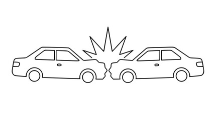 Naklejka premium A simple black outline vector illustration of two cars colliding head-on with a starburst impact symbol, representing traffic accidents, safety, and vehicle damage in a minimalist style.