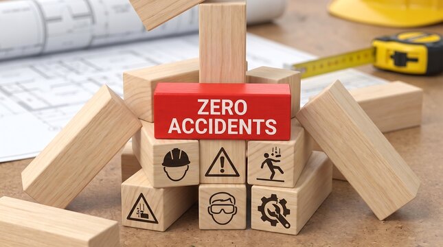 Zero Accidents red wooden block on construction site, industrial safety concept with icons, occupational health and workplace security background