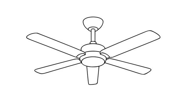 Minimalist line art vector illustration of a ceiling fan with four blades and a central motor housing, isolated on white background, suitable for home decor and interior design concepts.