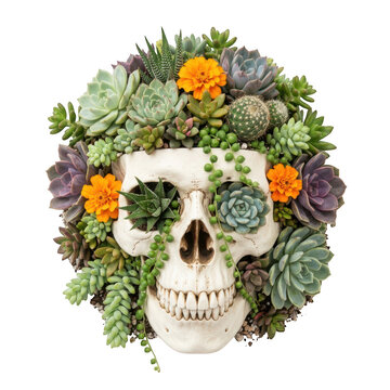 Skull planter filled with various succulents and flowers isolated on transparent background