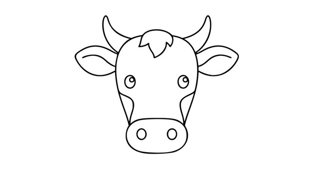 A charming hand-drawn vector illustration of a cow face featuring horns, ears, and a friendly expression, perfect for farm themes, children's books, and agricultural branding designs and educational
