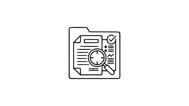 Vector icon of a document folder with a magnifying glass and checklist, professional business illustration, clean line style, perfect for research, analysis, audit, and project management concepts.