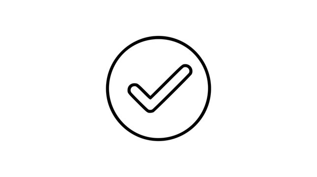 Minimalist checkmark inside a circle vector icon illustration featuring a clean rounded black outline design for user interface elements, task completion symbols, and confirmation graphics on white.