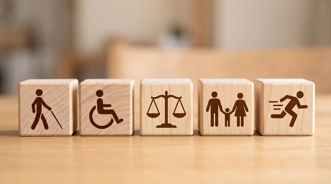 Social justice and human rights icons on wooden blocks, disability inclusion and equality concept, diverse community symbols on natural wood cubes