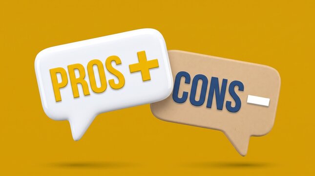 Pros and cons speech bubbles on yellow background, 3d comparison of advantages and disadvantages, business decision making concept