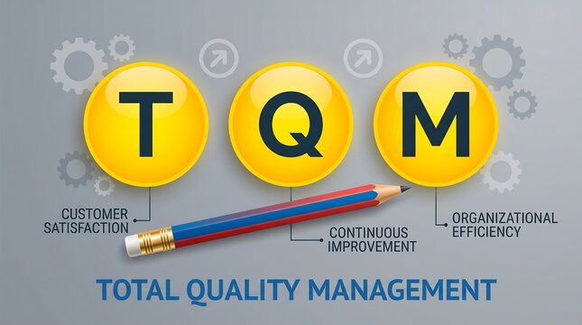 Total Quality Management business concept, TQM acronym on yellow circles with pencil, organizational efficiency and customer satisfaction diagram