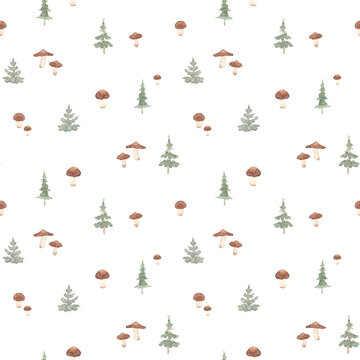 Watercolor Pine Trees and Mushrooms Seamless Pattern